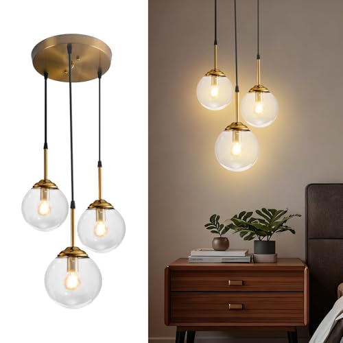 Wylolik Moderne 3 Lumières Suspension Luminaire Verre, Transparent Boule de Verre Lampe Suspension Cluster, Réglable en Hauteur Lustre en Laiton Pour Salle à Manger, Chambre à Coucher, Salon, Cuisine