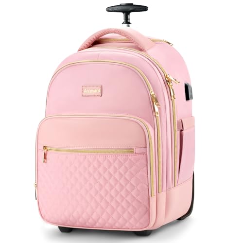 Arcoyard Pink Rolling Backpack for Women - Lightweight, Waterproof, Convertible Travel Bag with Wheels