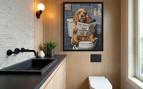 Image of Cocker Spaniel on Toilet Black Framed Wall Art Print Poster, Dog Bathroom Humor Decor Posters Prints for Restroom Home Picture Painting Artwork Gallery 7 (Cocker Spaniel, 10 inchL x 8 inchW, Black Frame)