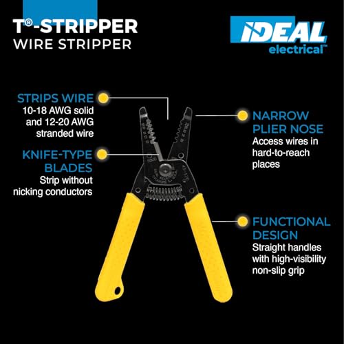 Image of IDEAL Electrical T-Stripper Wire Stripper Metric 0.75mm2 to 6mm2 | Precision Knife Blades, Laser-Etched Markings, Spring-Loaded Non-Slip Grip, Black Oxide Finish, Made in USA