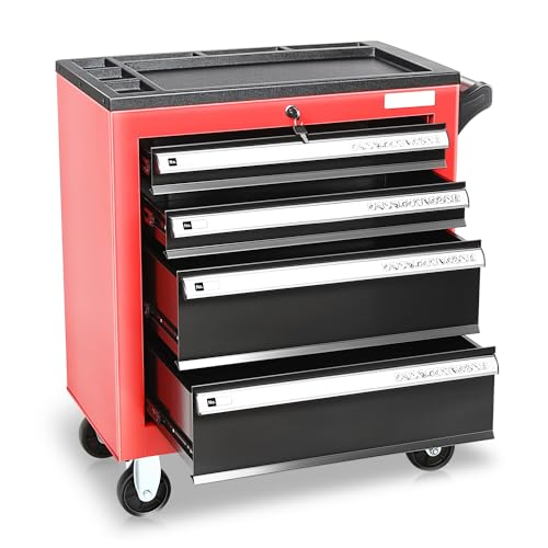 Auto Dynasty Universal Max 440 Lbs Red 4 Drawer Plastic Top Tray Powder-Coated Steel Roller Cabinet for Garage Warehouse Home Office Workshop Repair Tools