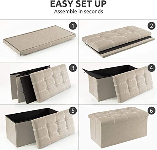 Image of Folding Storage Ottoman, Long Shoes Sofa Bench, Fabric Linen Footrest Stool for Laundry, Storage Space, End of Bed Seat, Toys Storage Organizer Bin Box with Lidded Cover (Beige, 76X38X38)