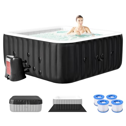 Blow Up Inflatable Hot Tub, 4-6 Person Large Square Portable Hot Tub, Leak-Proof PVC Outdoor Spa with 130 Air Jets, Heater Pump and Insulated Cover, 73” X 73”X 25”