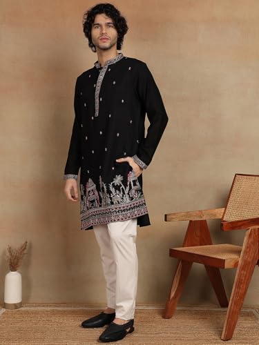 Image of Amazon Brand - Tavasya Men Printed Kurta with Ethnic Motif Border | Special Haldi Kurta | Festive Embellished Long Kurta | Embroidery Kurta | Ethnic Wear | Mandarin Collar | Knee Length