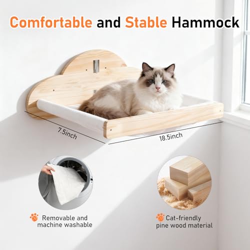 Image of XiaZ Cat Wall Hammock Mounted Bed with 4 Climbing Steps, Modern Cats Shelves and Perches up to 30lbs, Wooden Kitten Wall Furniture for Indoor Sleeping, Playing, Climbing and Lounging (Hammock)