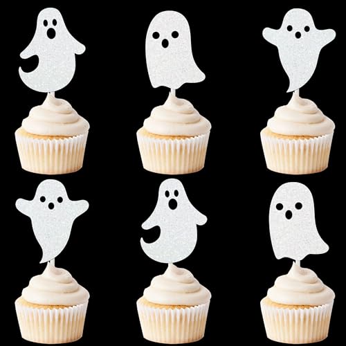 24pcs Halloween Ghost Cupcake Toppers White Glitter Ghost Spooky ...