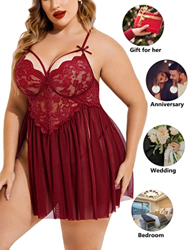 Image of Avidlove Plus Size Lingerie Lace Babydoll Womens Strap Chemise Nightgown V Neck Nighty Mesh Sleepwear Side Slit Nightdress