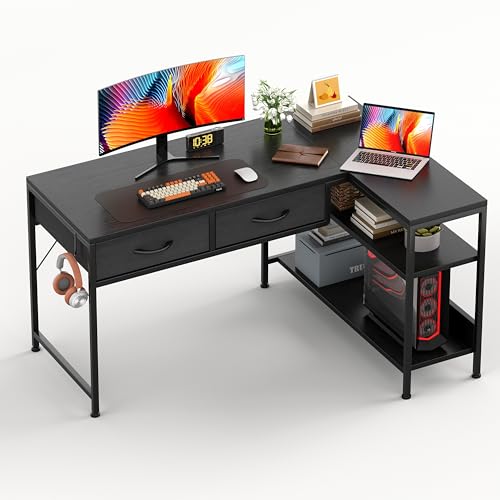 CAIYUN L Shaped Computer Desk with 2 Drawers 100CM Office Corner Desk with 2 Storage Shelves Working Table Study Table for Home Office Desk Black