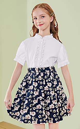 Solocote Girls White Blouse Ruffle Short Bubble Sleeve Button Down Shirts Princess Cotton Loose Soft Tops Summer, Sln2110-White-13-14Y #TOP1