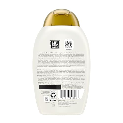 Foto von OGX Coconut Milk Conditioner 385 ml, feuchtigkeitsspendende Haarspülung mit Rizinusöl und Kokosöl für geschmeidiges, glattes und glänzendes Haar mit LipiPro Shield Technologie