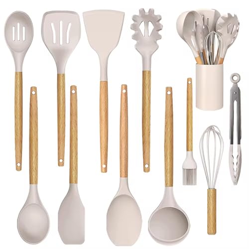Silicone Cooking Utensils Set with Holder, 12-Piece Kitchen Utensils Set, Heat Resistant BPA-Free Silicone with Wooden Handles for Nonstick Cookware, Dishwaer safe. by Mercy Creations - Used condition - US$18.71