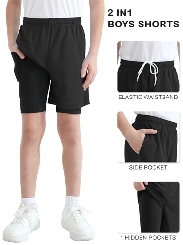 QBK Toddler to Youth Boys 2 in 1 Athletic Shorts Basketball Compression Shorts with Liner for Girls Soccer Running Sports3
