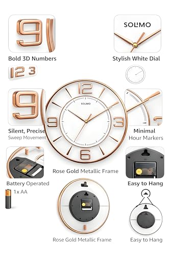 Image of Amazon Brand - Solimo 12 Inches Silent Wall Clock for Living Room Bedroom Office Wooden Look Plastic 3D Easy to Read Numbers Modern Stylish Sweep Movement Wall Clock for Home - 1611TS (White Copper)
