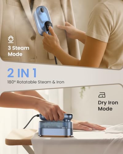 Image of LOXP 2-in-1 Steamer Iron for Clothes, 1000W, 9s Fast Heat-Up, 120V | Travel Steamer with Ceramic Soleplate, Leak-Proof 170mL Tank, Self-Clean, Portable Wrinkle Remover for Home & Travel, Blue