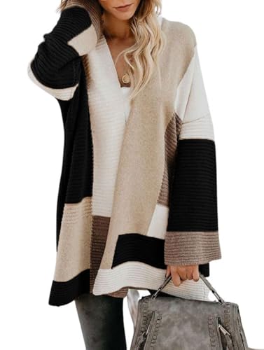 chouyatou Women's Fall Geometric Color Block Open Front Cardigan Sweater Elegant Casual Oversized Coatigan Coat