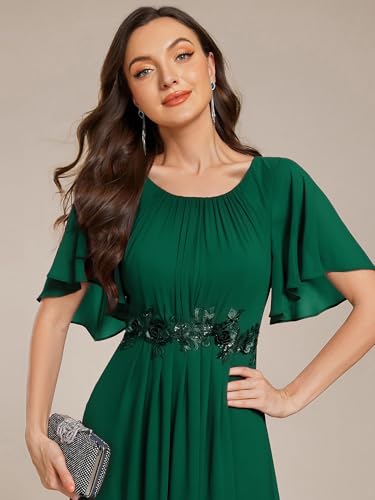 Image of Ever-Pretty Women's Classic Round Neck Pleated Short Sleeves Chiffon Appliques Floor Length A Line Formal Evening Dresses