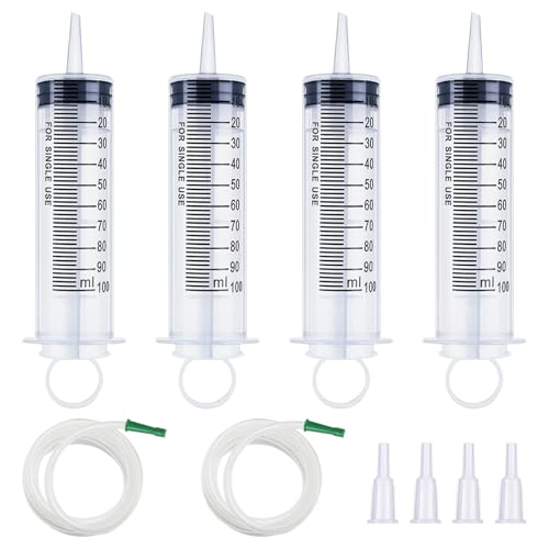 4 Siringhe Senza Ago con Tappi, 100ML Siringhe Sterili per Misurazione di Liquidi, Siringa di Plastica con Tubo, Siringa per L'Alimentazione Degli Animali Domestici/L'Irrigazione Delle Piante