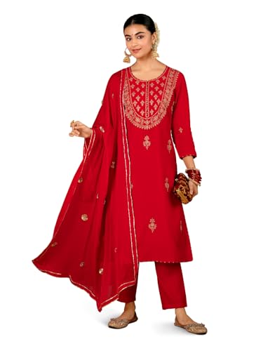 Image of Kaari Women's Embroidered Kurta Set with Dupatta - Straight Fit | Silk Blend Fabric with Zari Embroidery | Gota Patti Work Cotton Dupatta | Kurta Set For Women