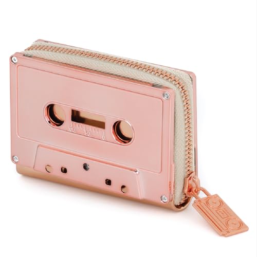 Vegan Leather Zipper Wallet, Cassette Tape Design, Credit Card Holder, Women's Cute Wallet, Retro Wallet, Rose Gold Chrome, 70264 AA