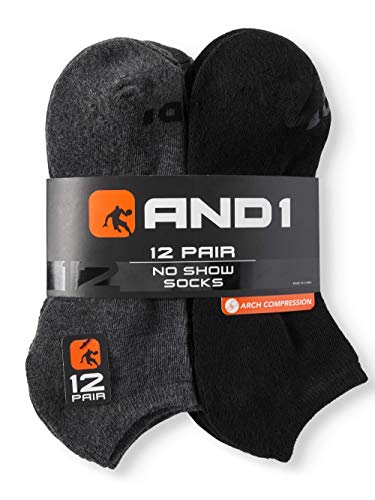 12 PAIRS AND1 Men's Value Pack No Show Socks, 6-12.5 (6 Black, 6 Grey pairs)