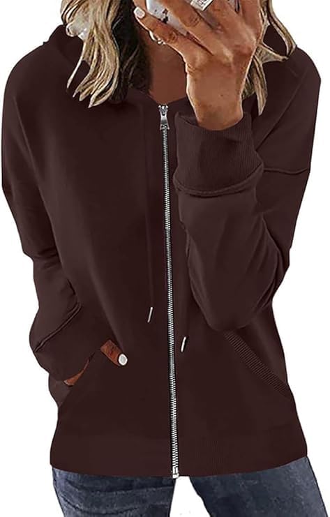 Womens Long Sleeve Open Front Zip Up Hoodies Drawstring Cardigan Hooded Sweatshirt Fashion Sweaters with Pockets