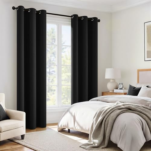 Image of MIULEE Black 100% Blackout Curtains for Bedroom 90 Inch Long 2 Panels | 2 Thick Layers Thermal Insulated Window Curtains with Black Liner, Noise Reducing Grommet, Drapes for Living Room