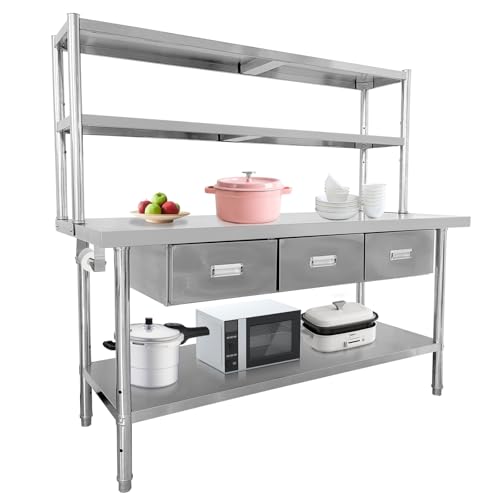Stainless Steel Table with Shelves and Drawers, 71