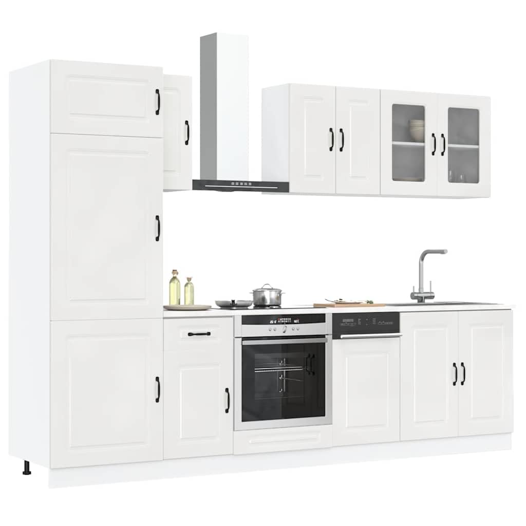 8-TLG Kuechenblock Kalmar Hochglanz Weiß 80x46x81,5 cm Holzwerkstoff Küchenzeile mit Arbeitsfläche für Singleküche und kleine Küchen mit viel Stauraum