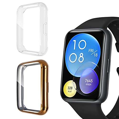 Cover Compatibile con Huawei Watch Fit 2 Custodia Full Protezione 2 Pezzi Anti-Graffio Shell con Pellicola Protettiva per Fit 2 - Trasparente & rosa oro