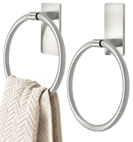 Image of STWWO Brushed Nickel Towel Ring, Hand Towel Holder for Bathroom, 2 Pack | Self Adhesive Hand Towel Rings for Bath RV Kitchen, No Drill Hole, Silver