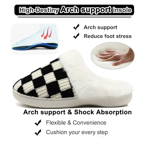 Image of Yueerlu House Slippers for Women Men, Fuzzy Checkered Mens Womens Slippers Warm Memory Foam House Shoes Indoor Outdoor with Faux Fur Lining