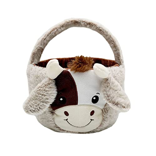 Cute Plush Cow Easter Basket for Kids, Cow Easter Buckets with Plush Ear, Candy Buckets Storage Tote Bag Easter Decorations (Cow Easter Basket, 7.9