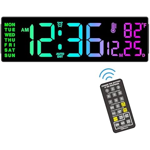 Soobest 14.2" Large Remote Digital Wall Clock with Timer for Living Room Home Gym, Plug in Big LED Electric Color Changing Clock with Date Day of Week Temperature Display for Elderly Seniors, Auto DST Cover