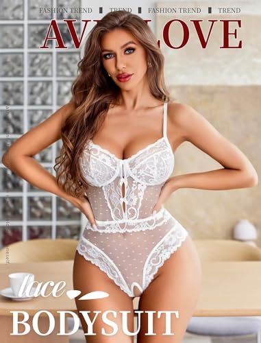Image of Avidlove Women Sexy Lingerie Sheer Lace Bodysuit V Neck Teddy Lingerie One Piece Mini Babydoll
