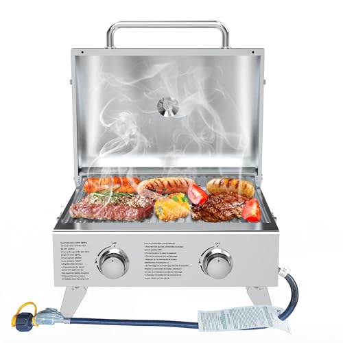 BBQCuker Churrasqueira a gás propano portátil de 2 bocas com pernas dobráveis para acampamento ao ar livre, cozinhar, dois queimadores de 10.000 BTU de aço inoxidável e termômetro embutido, estilo