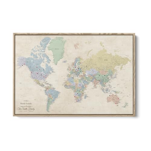 Image of Push Pin Travel Maps Sandy Dreams World Pin Board - Personalized Canvas Travel Map with Pins, Adventure Wall Art Decor for Tracking Trips - Natural Float Mount Frame - 34 inch X 51 inch