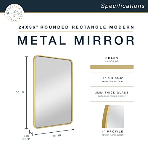 Image of MCS Master & Co. Metal Rectangle Mirror, 24x36, Brass | Modern Metal Rectangle Mirror With Rounded Corners, Minimalist Home Decor For Living Room, Bedroom, Or Bathroom, 24x36, Brass