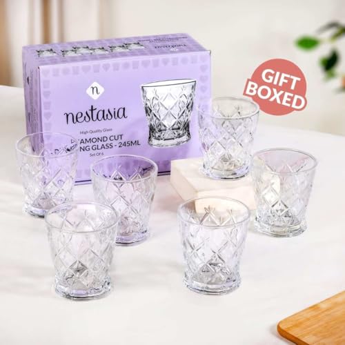 Image of Nestasia Transparent Set of 6 Small Juice Glasses (245 ml Each) - 100% Food Safe & Chip Resistant Diamond Cut Tapering Tumblers - Ideal for Water, Tea, Coffee & Refreshments