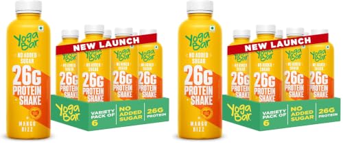 Image of Yogabar 26g Protein Shake- Mango Rizz | 26g Protein Milkshake with No Added Sugar | Ideal for Early Mornings, Pre & Post Workouts Energy Drink | 1500ml (6 Bottles, 250ml each) (Pack of 2)