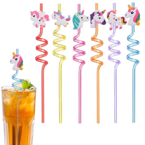 KEWUF Pajitas Rizadas de Plástico, 6 Piezas Pajitas de Dibujos Animados, Pajitas Espiral, Multicolor Pajitas para Niños, para Fiesta de Cumpleaños Decoraciones, Beber Decoraciones