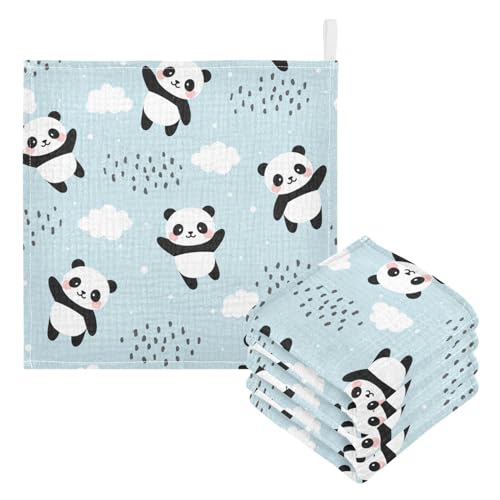 Image of YETTASBIN Panda Muslin Baby Hand Washcloths, Soft Cotton Bath Face Towel, 4 Layers Extra Absorbent Feeding Burp Cloth for Newborn Infant, 5 Pack