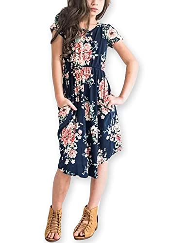 21KIDS Girl Maxi Dress Floral Short Sleeve Dresses with Pockets for Girls 6-14 Years