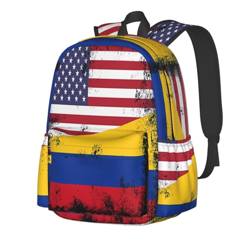 Vintage Half Colombian Colombia Half American Flag Large Travel Backpack Casual Backpacks Laptop Daypack Working Rucksack Lightweight Back Pack Sports Bag with Adjustable Shoulder Strap