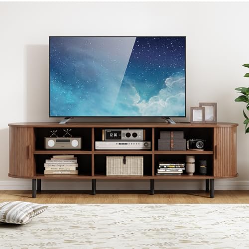 Image of 70.8 inch TV Stand with Power Outlet, Mid-Century Modern Television Stand, Fluted Media Console with Sliding Doors, Entertainment Center for TVs up to 60 Inch, Adjustable Shelves, Walnut
