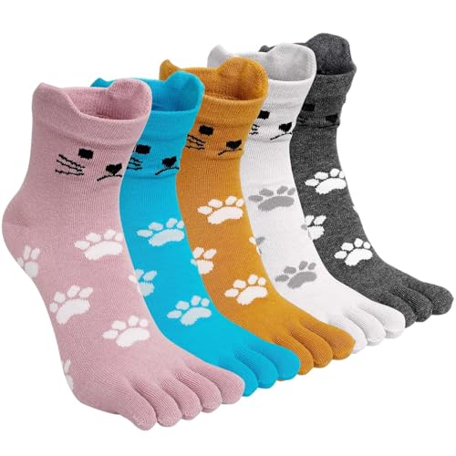Image of ZAKASA Womens Toe Socks Funny Cat Dog Print Cotton Five Finger Socks Novelty Athletic Running Crew Ankle Socks Size 6-9