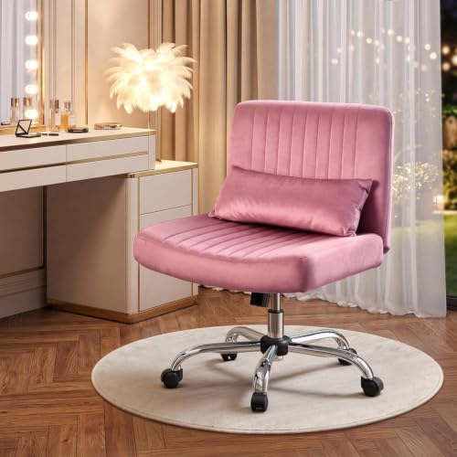 Image of Velvet Criss Cross Desk Chair with Wheels, Luxury Cross Legged Office Office, Swivel Wide Seat Vanity Chair, Armless Adjustable Height Gaming Chair Gift, Dusty (1, Light Rose Pink)