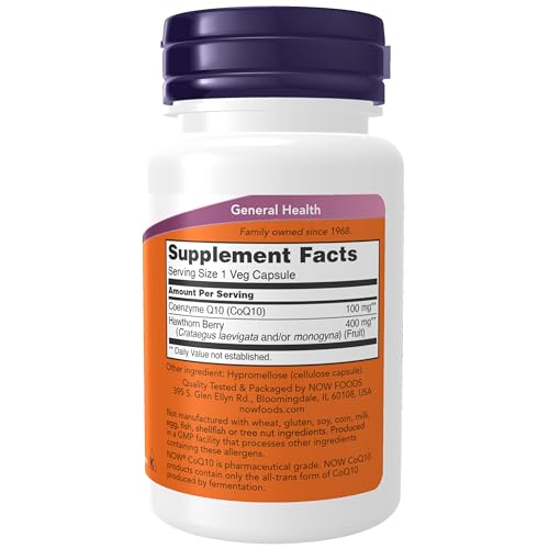 Image of NOW Foods Supplements, CoQ10 100 mg with Hawthorn Berry, Pharmaceutical Grade, All-Trans Form produced by Fermentation, 30 Veg Capsules