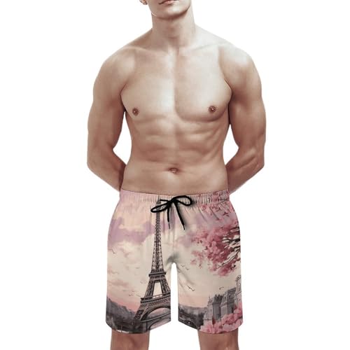 Mens Shorts Romantic Paris Tower Men Swim Trunks Quick-Dry Beach Shorts with Drawstring Pocket Bathing Suit2