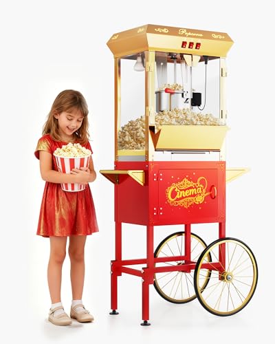 Image of 16 oz Commercial Popcorn Machine with Cart, Large Popcorn Machine Makes Up to 80 Cups, Movie Theater Pop Corn Machine with Easy-Rolling wheels & Stainless-Steel Kettle, Red&Gold