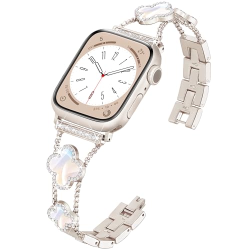 wipalor Four-Leaf Clover Band for Apple Watch Band 41mm 40mm 38mm, Lightweight for Women, Easy Adjustable Bracelet, Shiny Diamond Jewelry Metal Strap for iWatch Series 9 8 7 6 5 4 3 2 1 SE(Starlight)